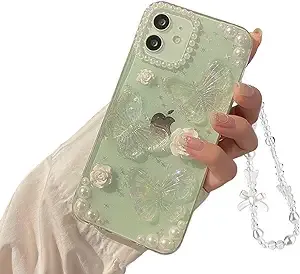 Fycyko Compatible for iPhone 11 3D Butterfly Floral Clear with Design Aesthetic Women Teen Girls Glitter Pretty Crystal Sparkle Sparkly Cute Girly Phone Cases Protective Cover+Pearl Chain-Clear