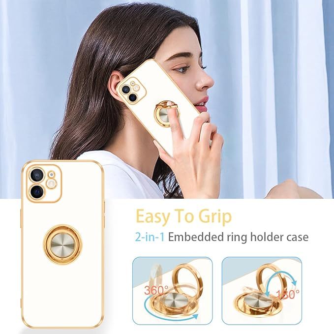 Fingic iPhone 12 Case with 360° Rotatable Ring Holder Magnetic Kickstand, Shiny Plating Gold Edge, Slim Soft TPU Shockproof Protective Cover for Women, Men, White