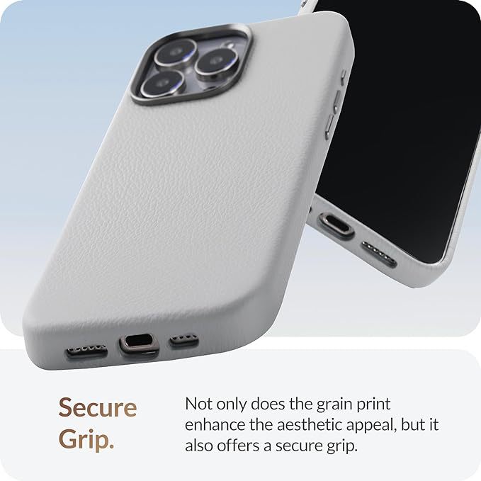 iPhone 15 Pro Max - European Genuine Pebble Leather Phone Case with Aluminium Camera Frame [Compatible with Magsafe] - Silver Gray