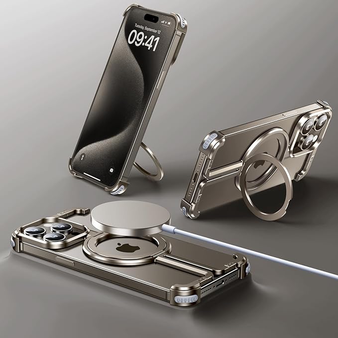 iPhone 15 Pro Frameless Case, Sleek Minimalist Protective Shock Absorption Aerospace Grade Aluminum Shells with Built-in Kickstand Phone Case (Natural Titanium, iPhone 15 Pro)