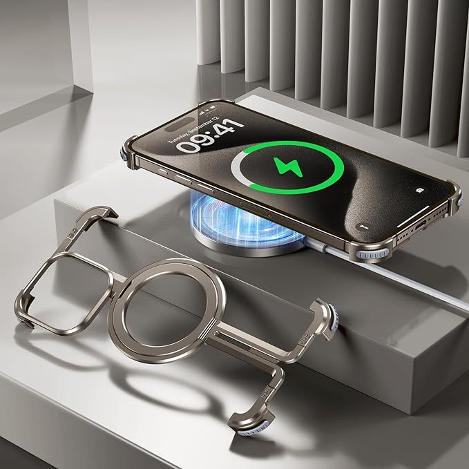 iPhone 15 Pro Frameless Case, Sleek Minimalist Protective Shock Absorption Aerospace Grade Aluminum Shells with Built-in Kickstand Phone Case (Natural Titanium, iPhone 15 Pro)