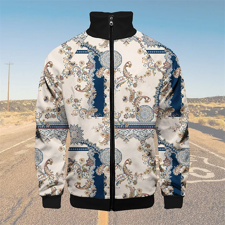 TomsloverPaisley Knit Jacket Stand Collar Zipper Sweatshirt