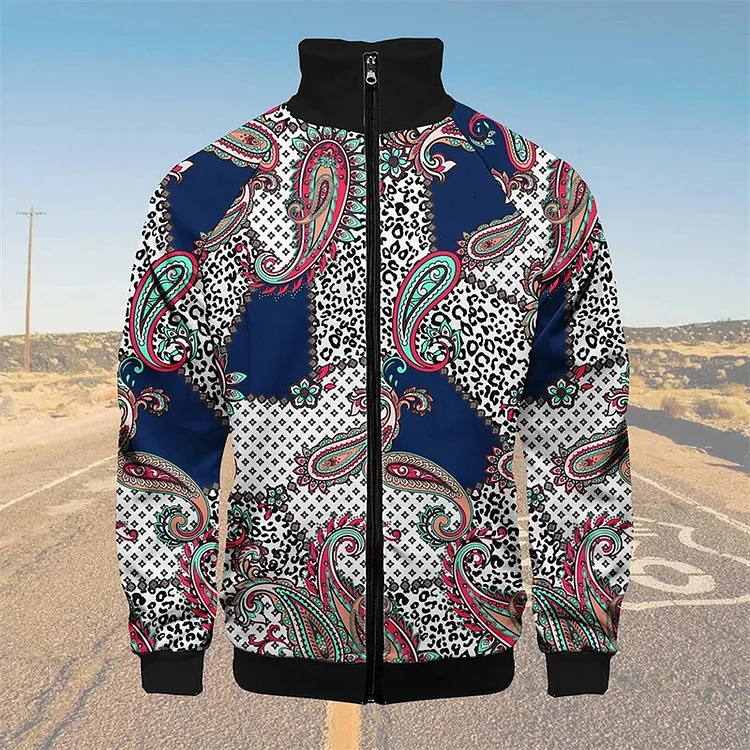 TomsloverPaisley Knit Jacket Stand Collar Zipper Sweatshirt