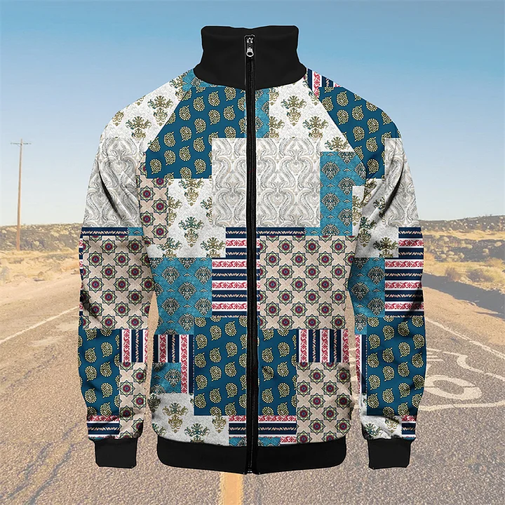 TomsloverPaisley Knit Jacket Stand Collar Zipper Sweatshirt