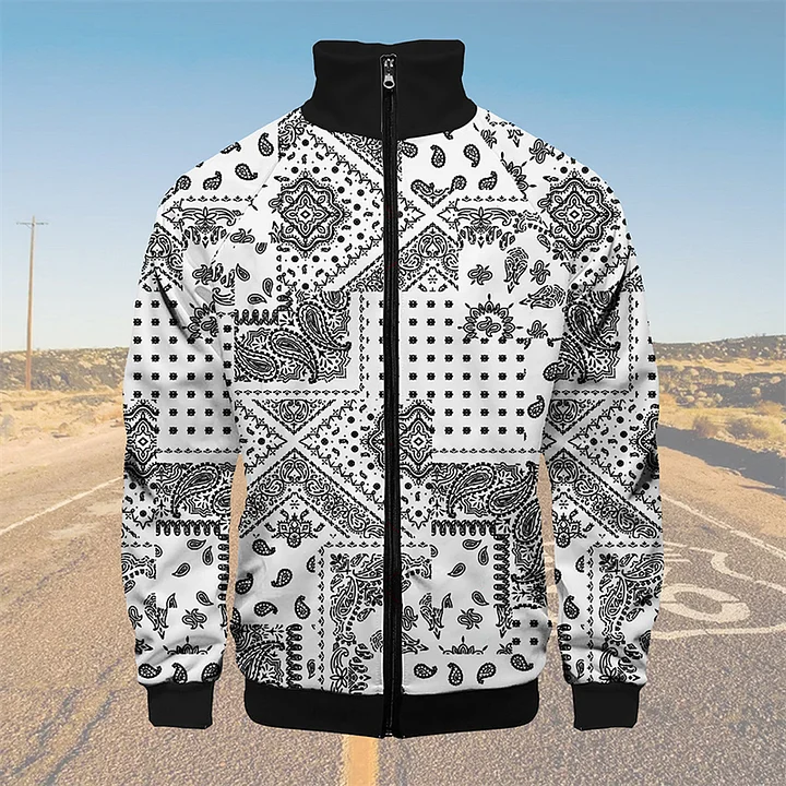 TomsloverPaisley Knit Jacket Stand Collar Zipper Sweatshirt