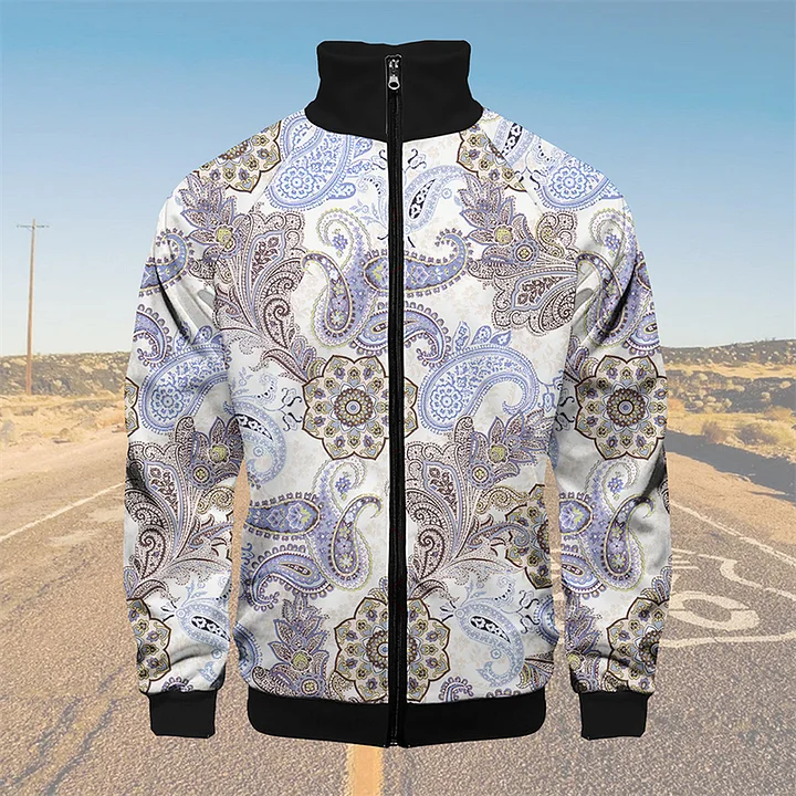 TomsloverPaisley Knit Jacket Stand Collar Zipper Sweatshirt