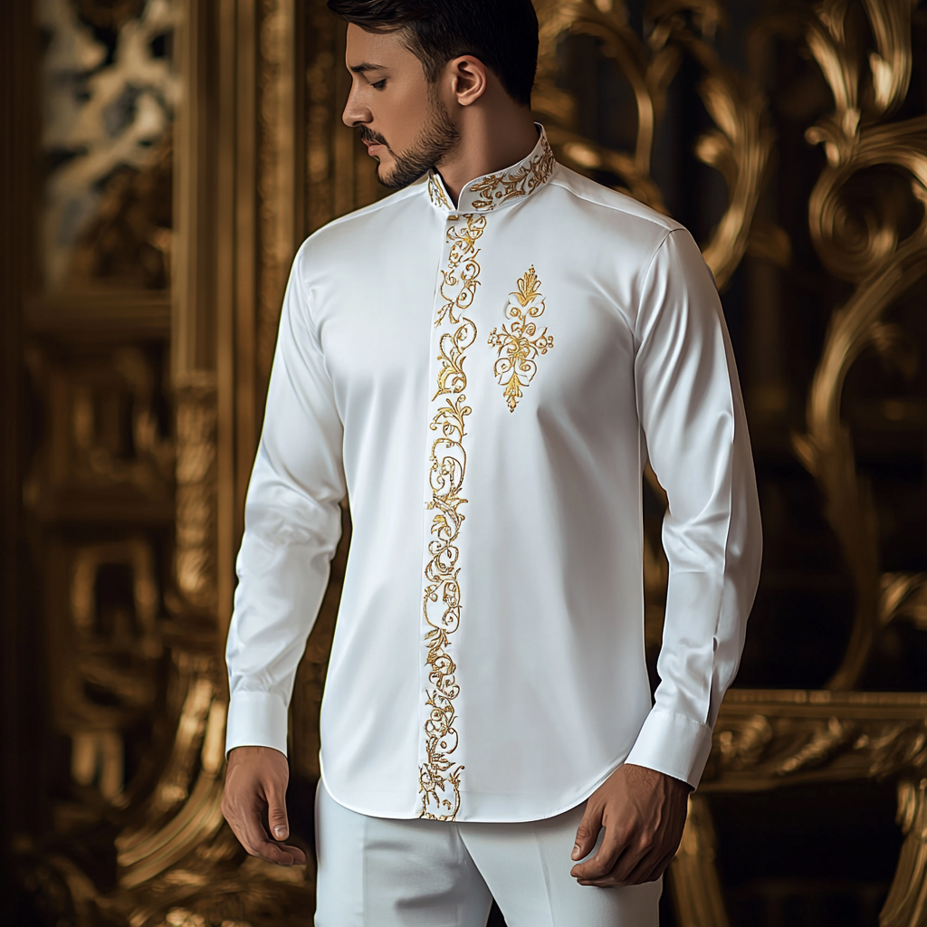 Luxurious satin stand collar long sleeve shirt