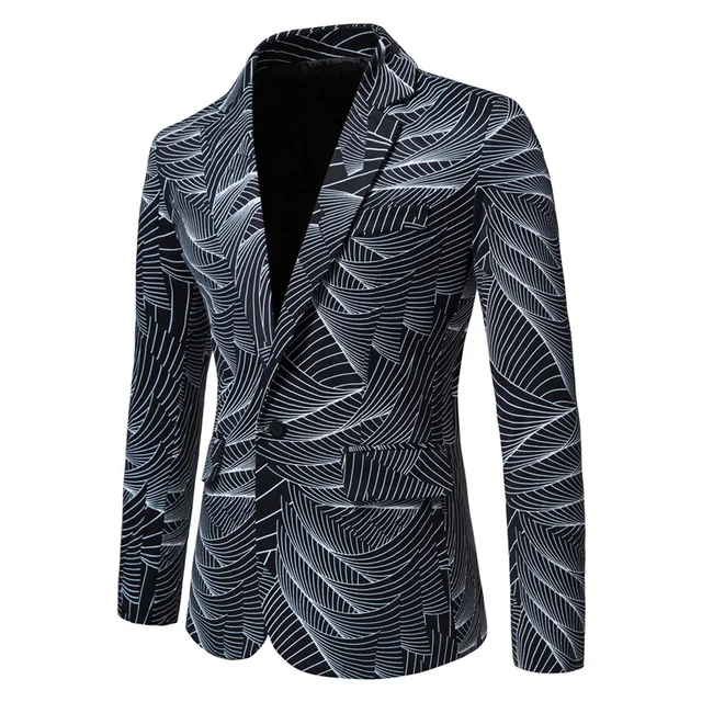 Printed Notched Lapel Black Blazer