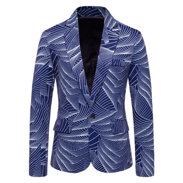 Printed Notched Lapel Slim Fit One Button Navy Blue Blazer