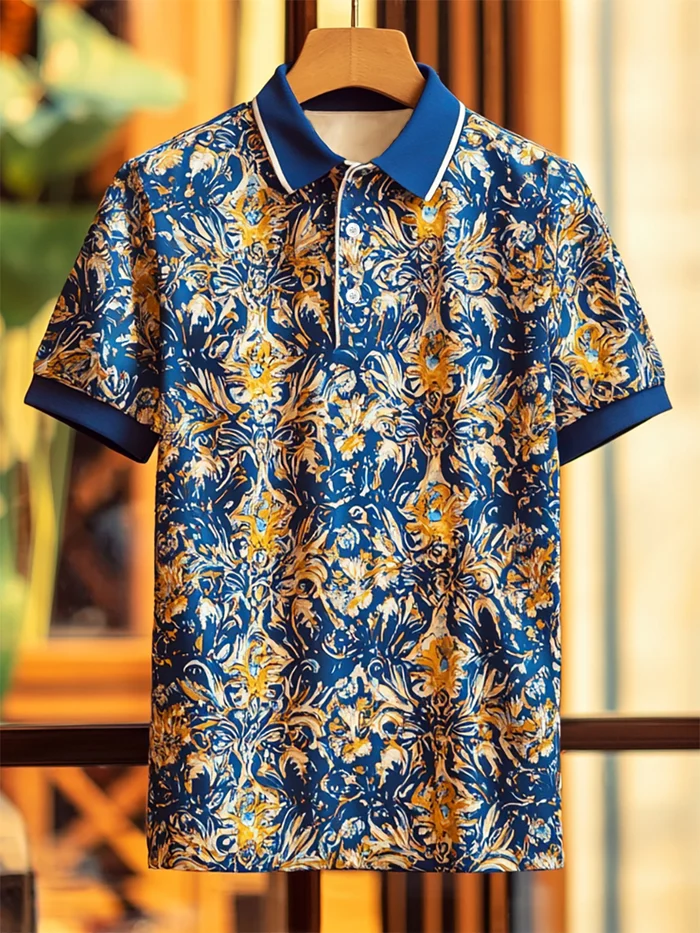 Men's Business Luxury Baroque Art Button Short Sleeve Polo Shirt