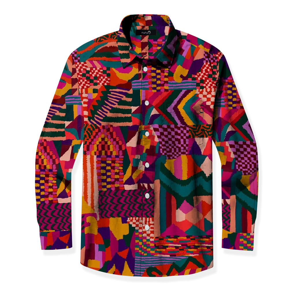 Men's Cotton Vintage Dislocation Stitching Pattern Long Sleeve Shirt