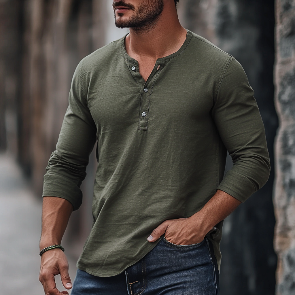 Basic solid color long sleeve henley shirt for men