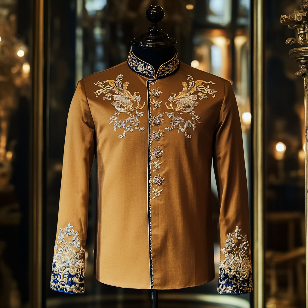 Luxurious satin stand collar long sleeve shirt