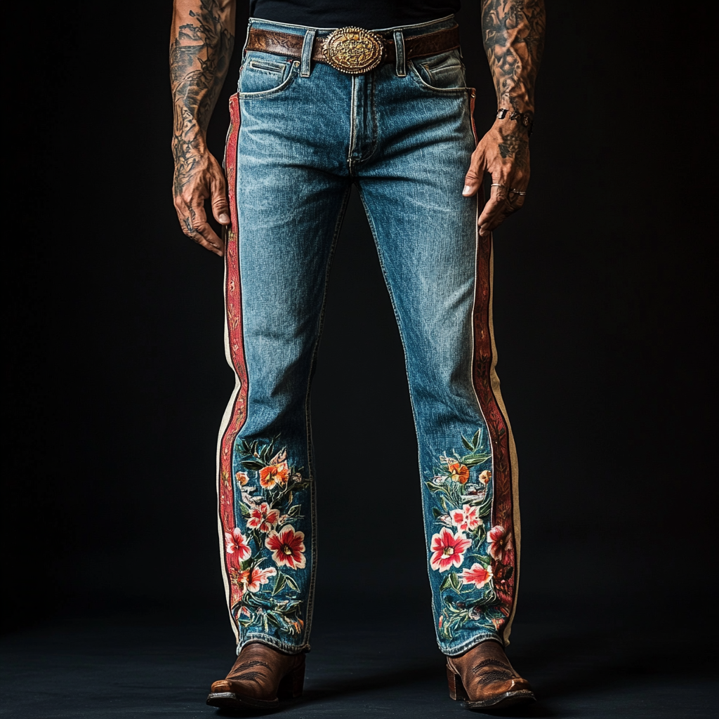 Retro trendy western style men's printed jeans