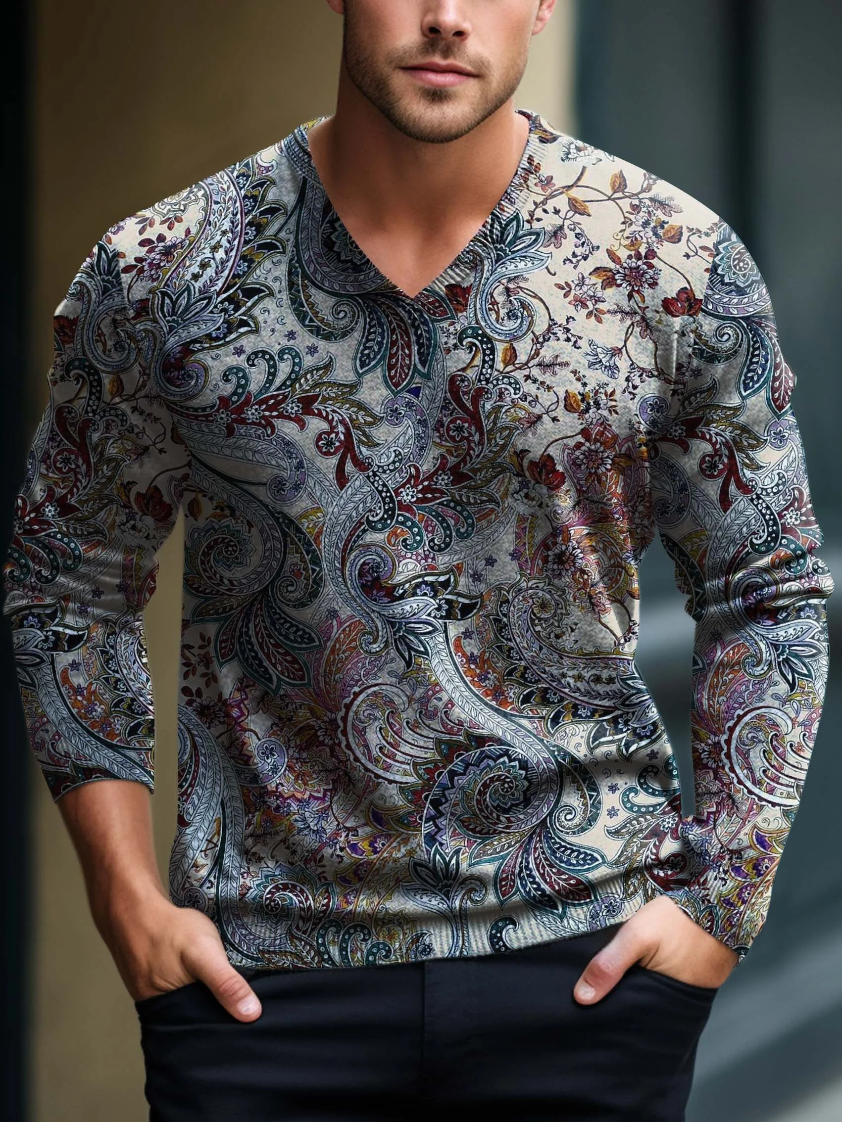 Men's V-neck long-sleeved sweater with special pattern