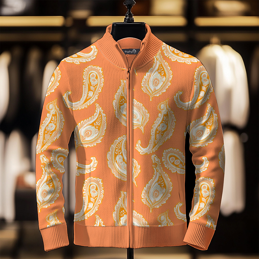 TomsloverMen's Paisley Knit Jacket Stand Collar Zipper Sweatshirt