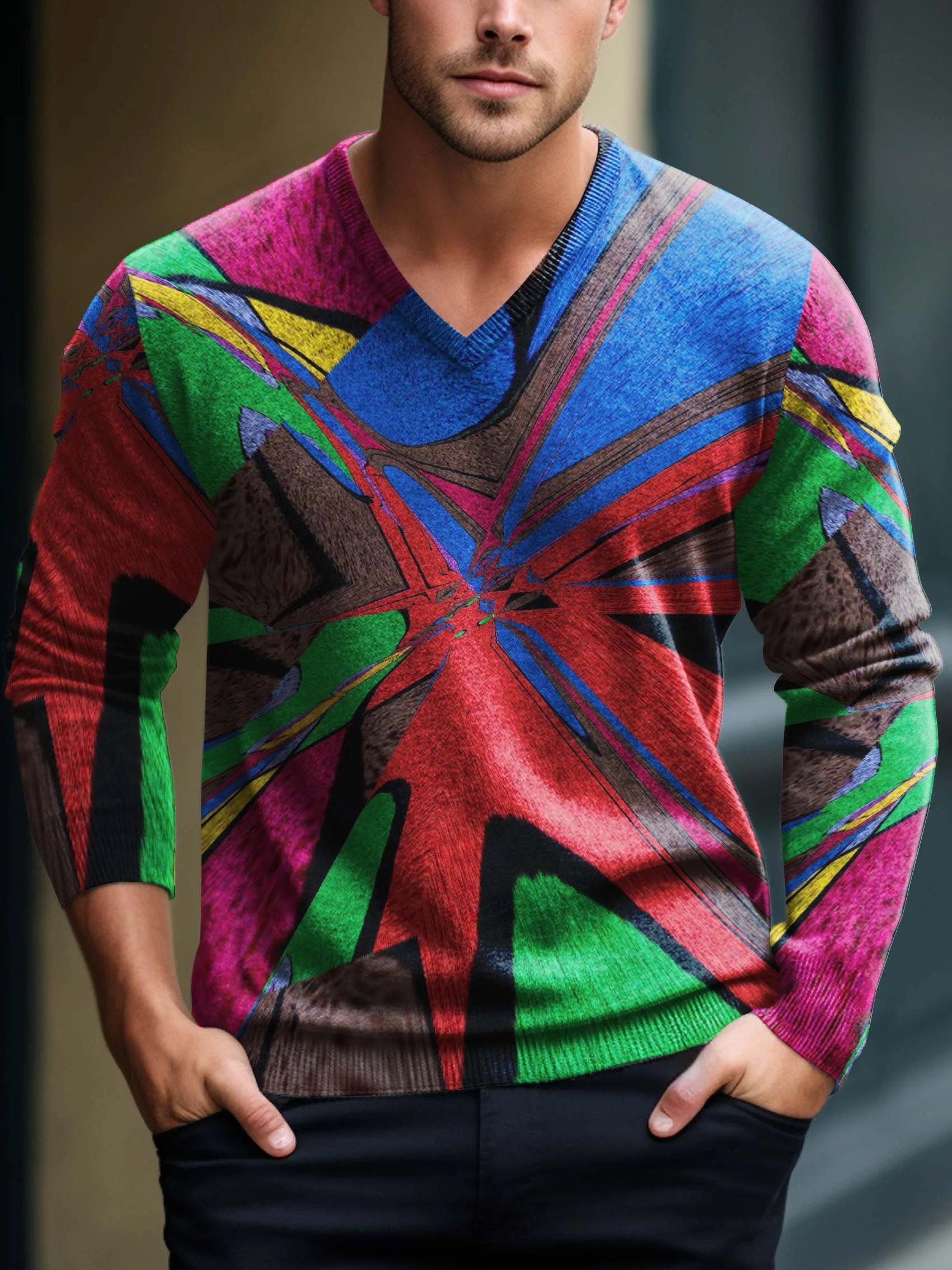 Men's V-neck Lnit long-sleeved sweater 