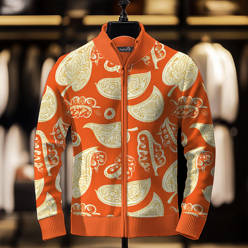 TomsloverMen's Paisley Knit Jacket Stand Collar Zipper Sweatshirt