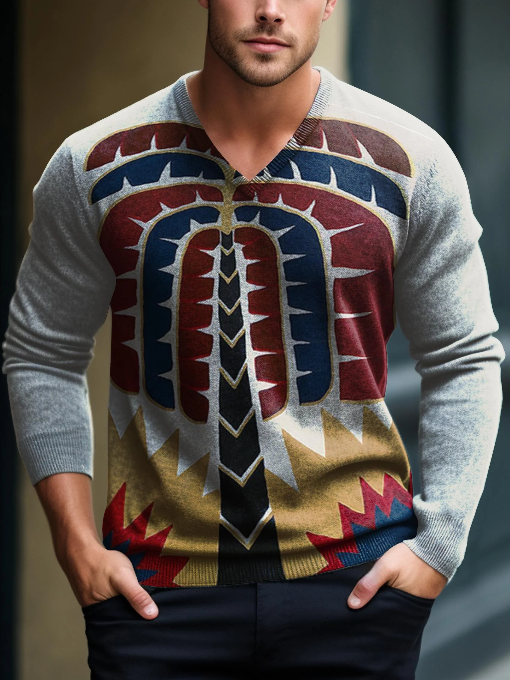 Men's V-neck long-sleeved sweater with special pattern