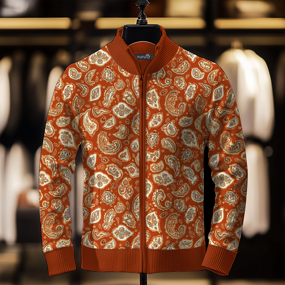 TomsloverMen's Paisley Knit Jacket Stand Collar Zipper Sweatshirt