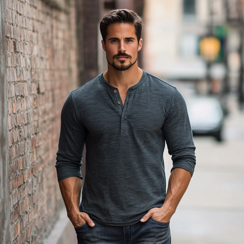 Basic solid color long sleeve henley shirt for men