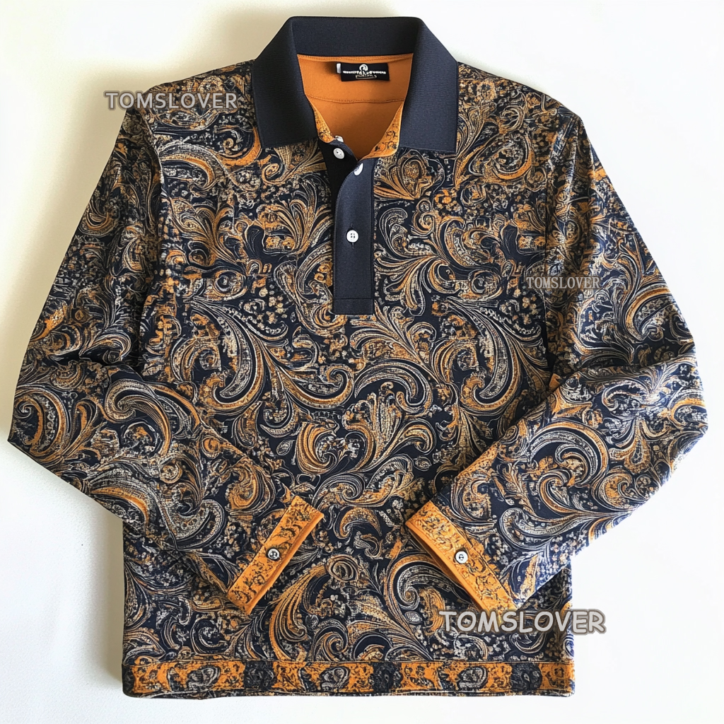 Men's fashion long-sleeved paisley polo shirt