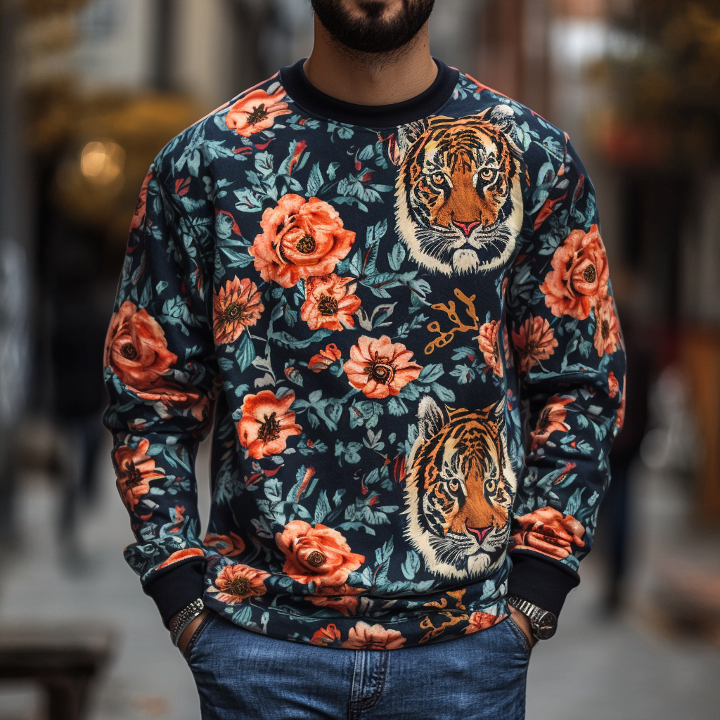 Men's Home Fashion Printed Pullover Long Sleeve Casual Tee