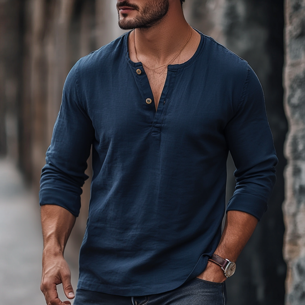 Basic solid color long sleeve henley shirt for men