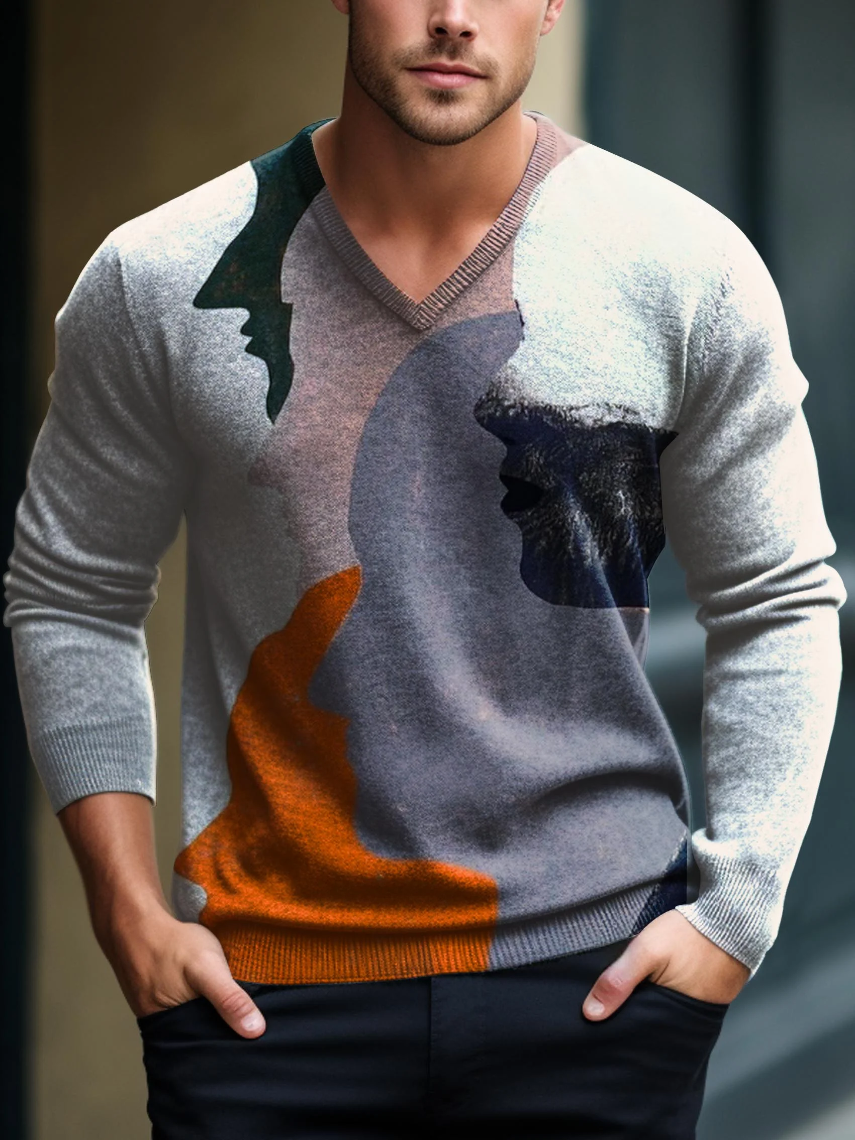 Men's V-neck long-sleeved sweater with special pattern