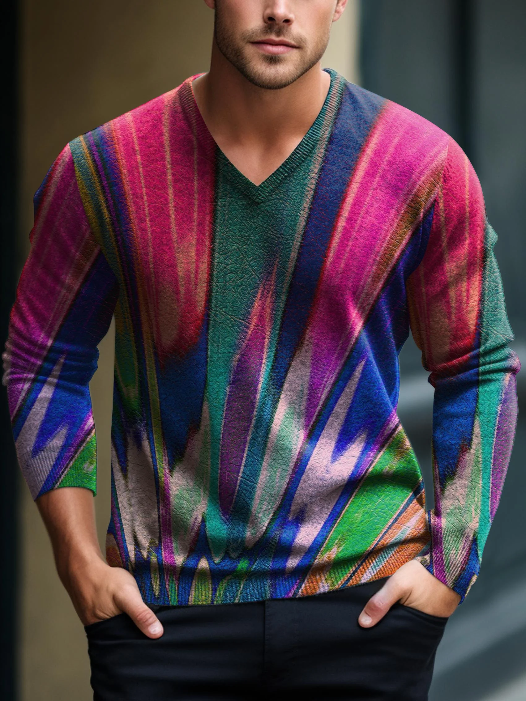 Men's V-neck long-sleeved sweater with special pattern