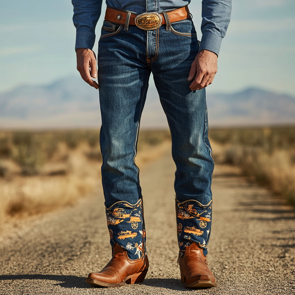 Retro trendy western style men's printed jeans