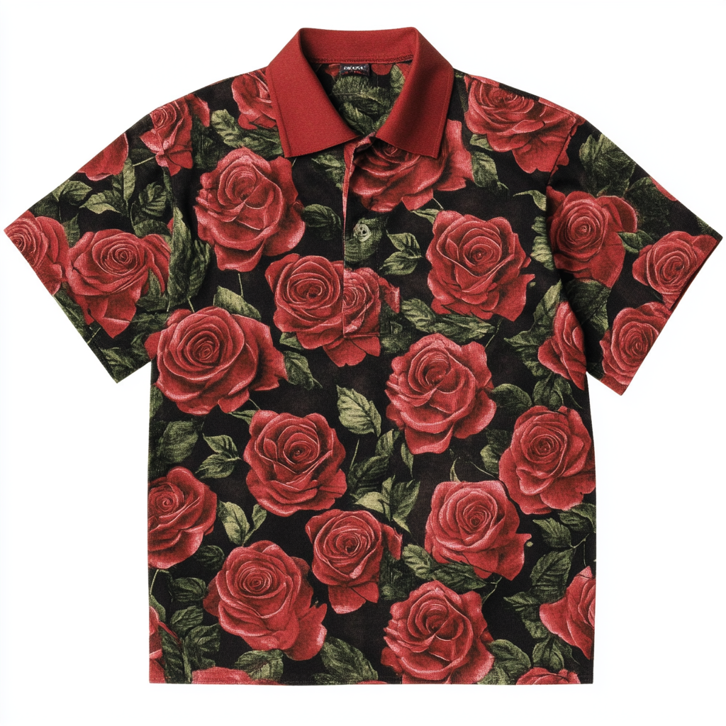 Refreshing and Breathable Summer Rose Print Polo Shirt