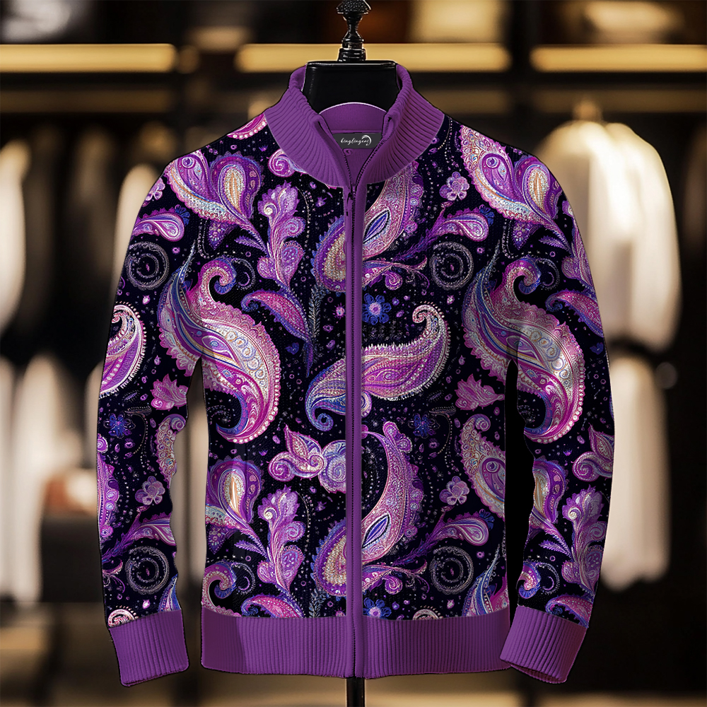 TomsloverMen's Paisley Knit Jacket Stand Collar Zipper Sweatshirt