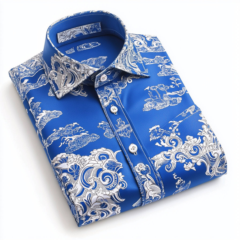 Blue Paisley On White Background Business Casual Printed Shirt main image 1