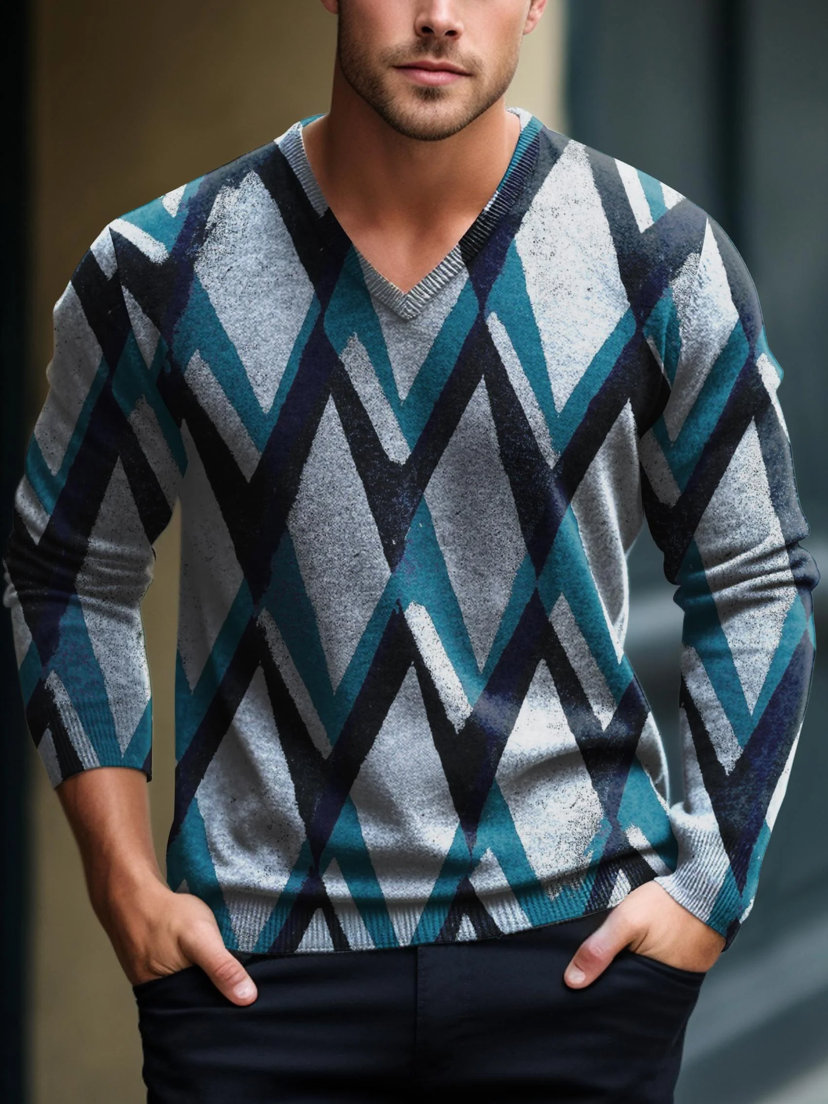 Men's V-neck long-sleeved sweater with special pattern