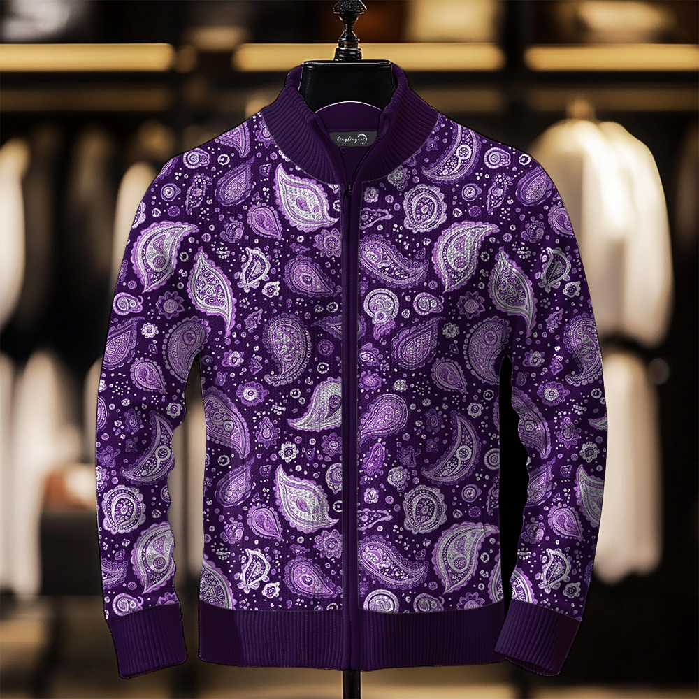 TomsloverMen's Paisley Knit Jacket Stand Collar Zipper Sweatshirt