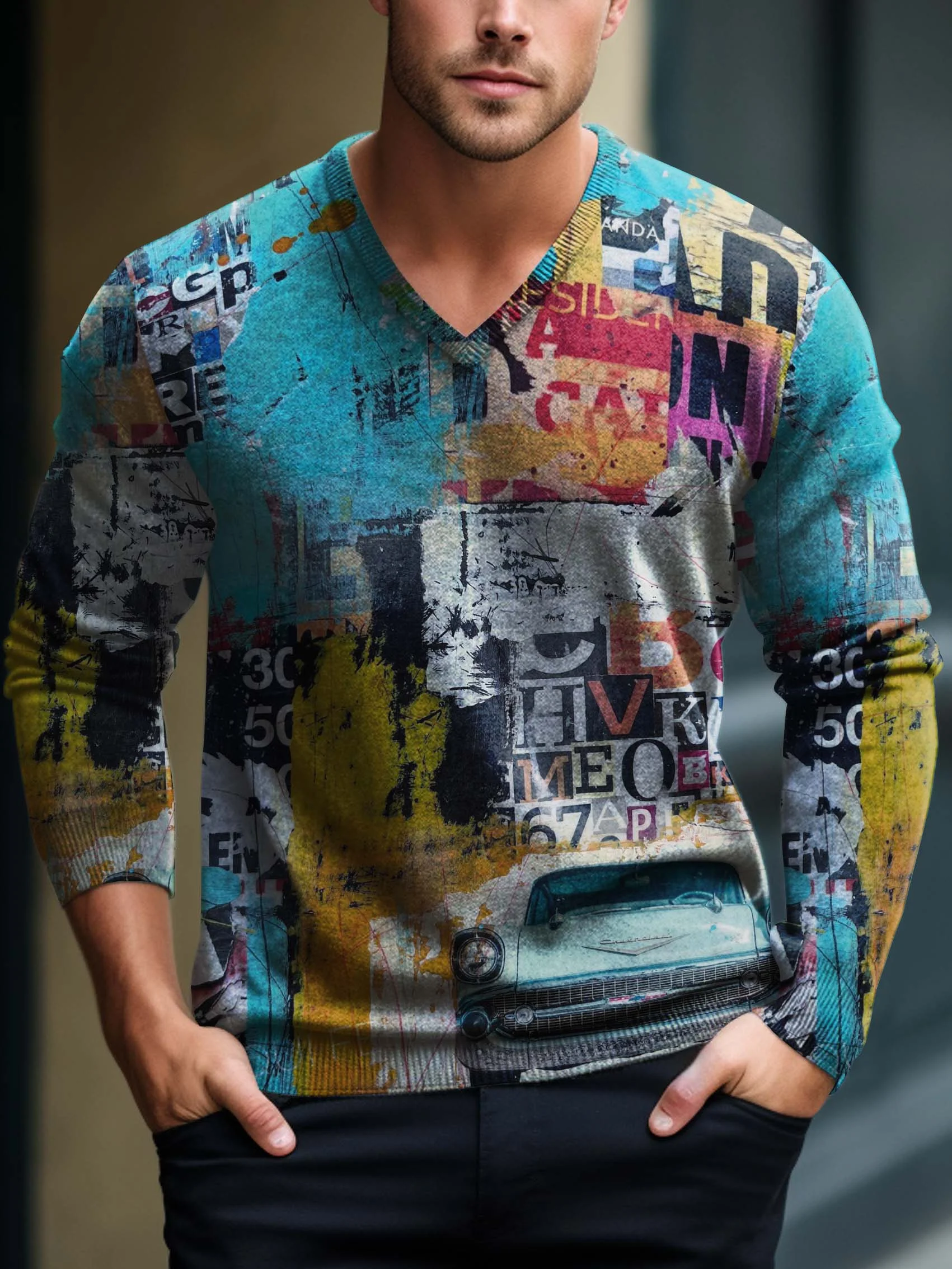 Men's V-neck long-sleeved sweater with special pattern