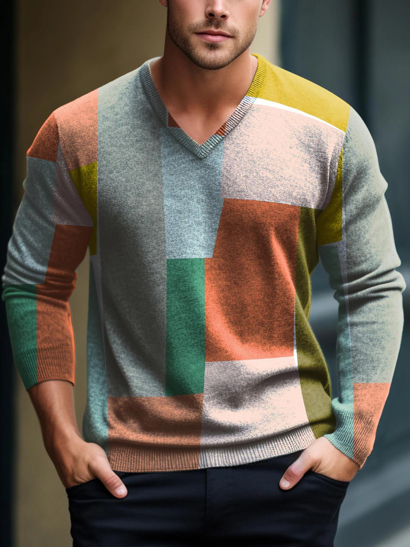  Men's V-neck long-sleeved sweater with special pattern