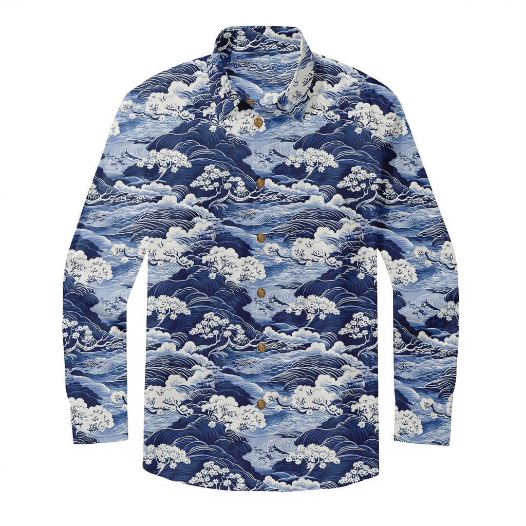 Men's Vintage Print Casual Fashion Button Long Sleeve Shirt