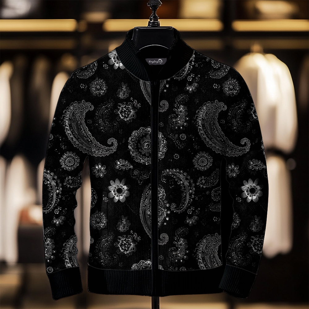 TomsloverMen's Paisley Knit Jacket Stand Collar Zipper Sweatshirt