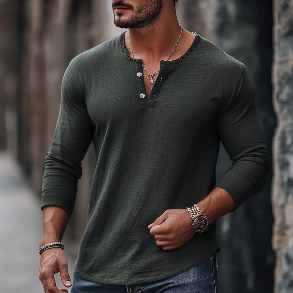 Basic solid color long sleeve henley shirt for men