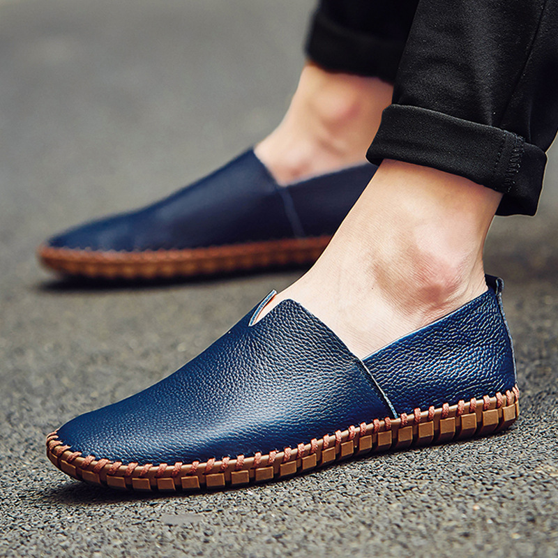 TomsloverMen's Genuine Leather Loafers Casual Flat Shoes low-top breathable driving shoes