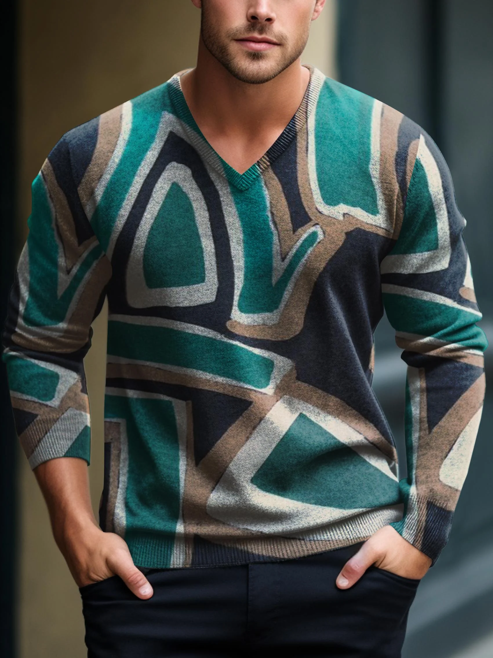 Men's V-neck long-sleeved sweater with special pattern