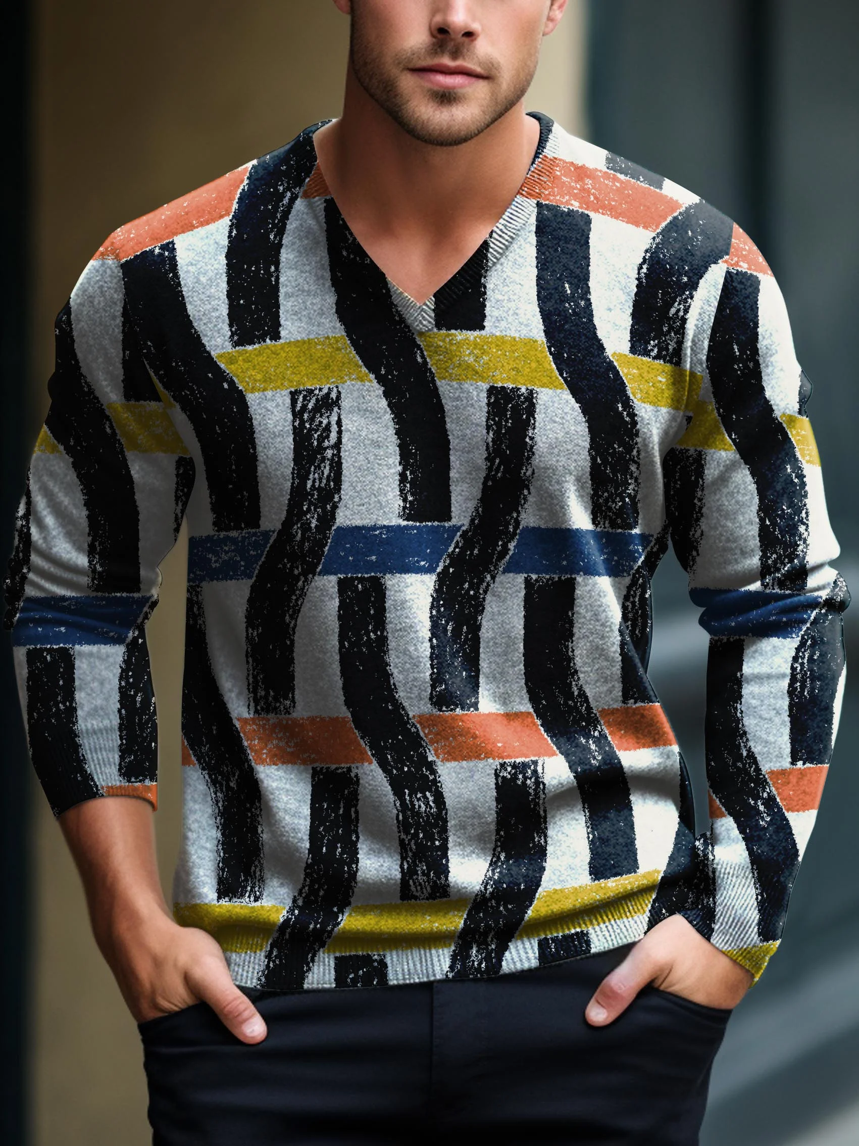 Men's V-neck long-sleeved sweater with special pattern