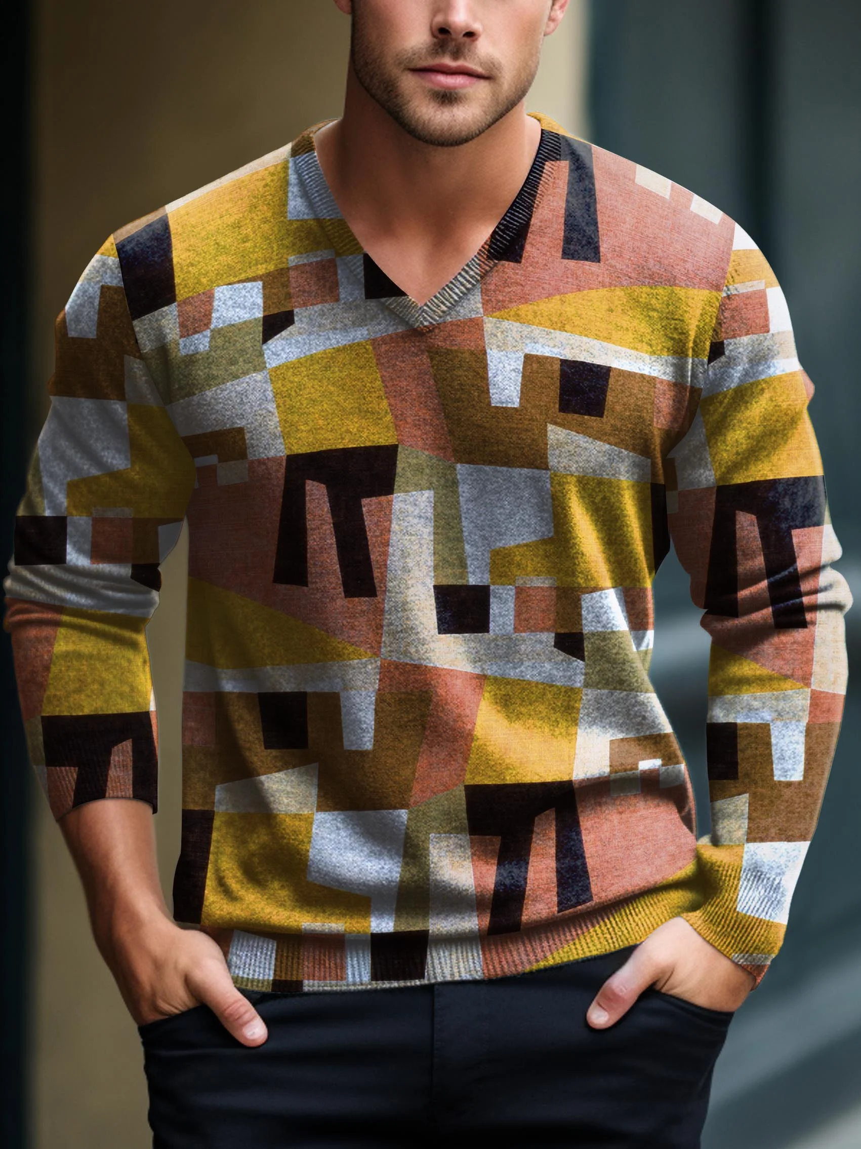 Men's V-neck long-sleeved sweater with special pattern