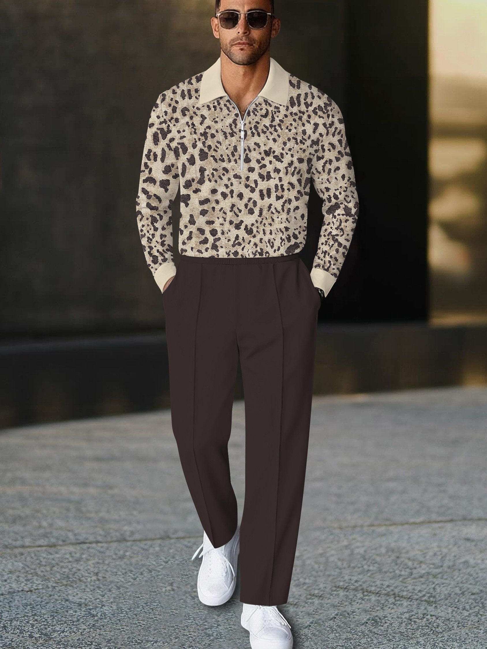 Men's casual  geometric print zipper long-sleeved two-piece set