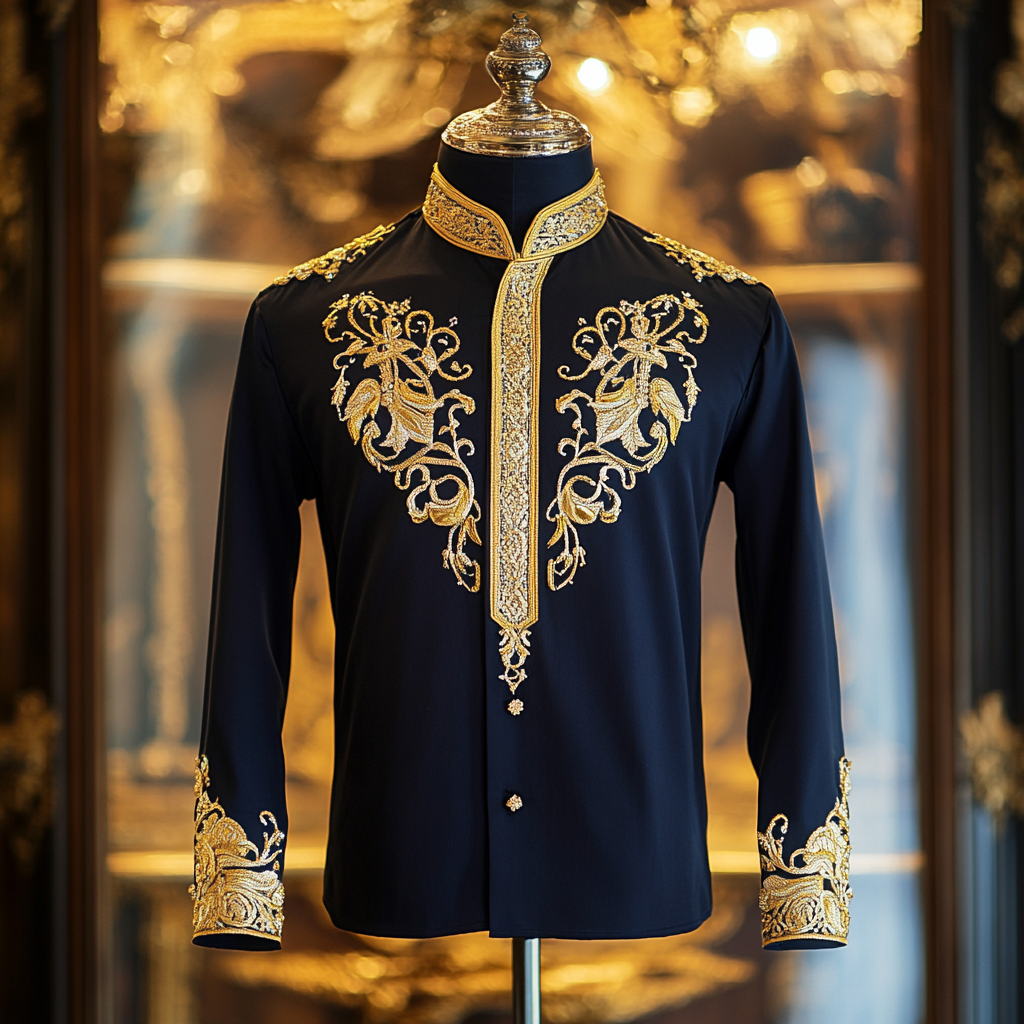 Luxurious satin stand collar long sleeve shirt