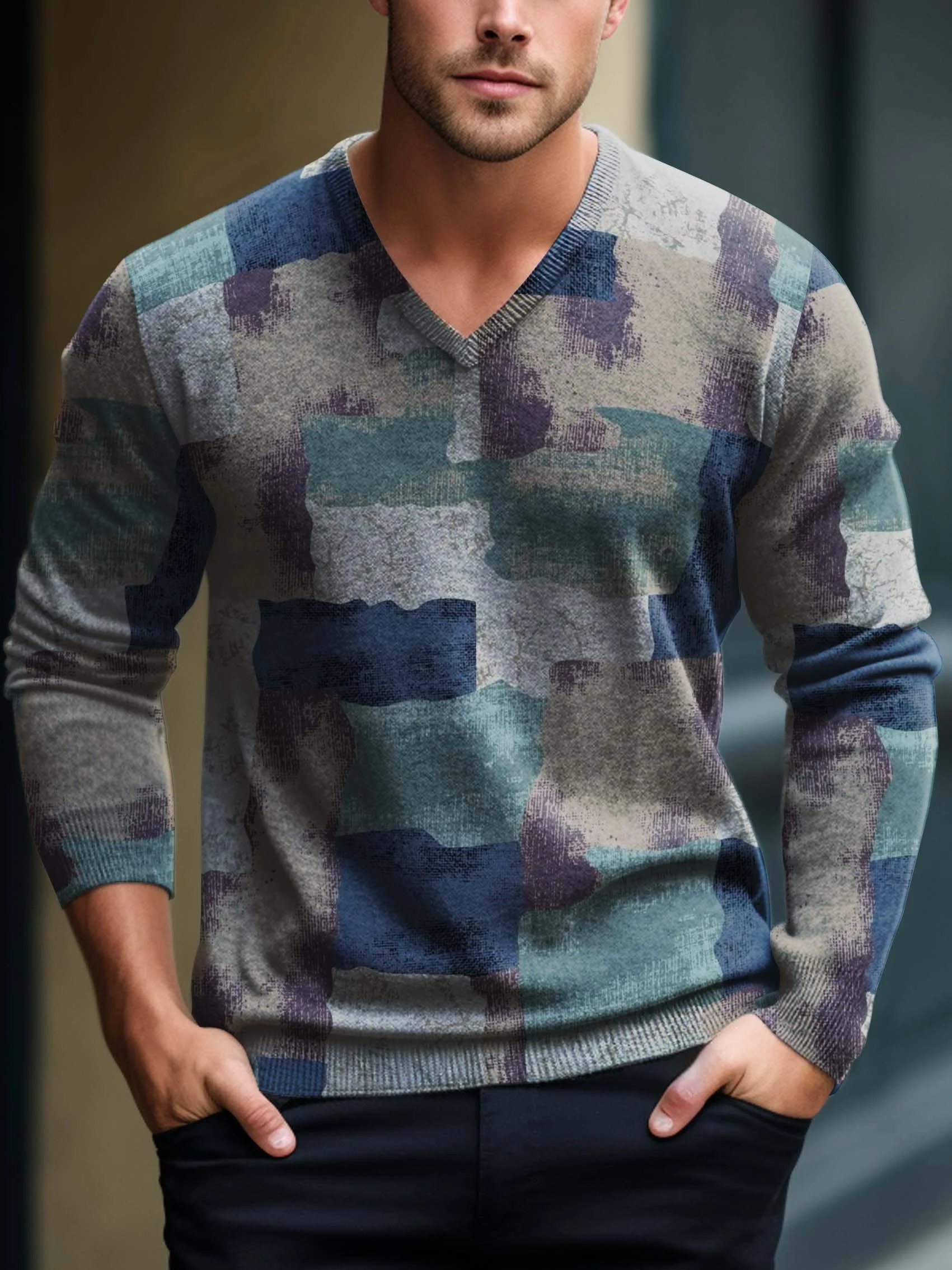 Men's V-neck long-sleeved sweater with special pattern