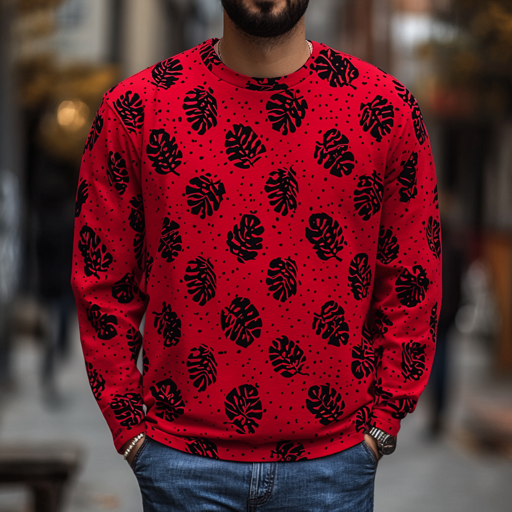 Men's Home Fashion Printed Pullover Long Sleeve Casual Tee