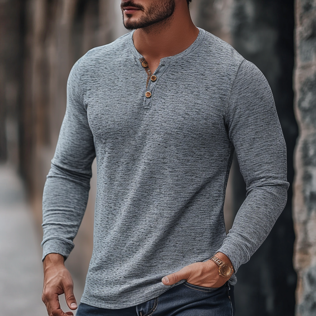 Basic solid color long sleeve henley shirt for men